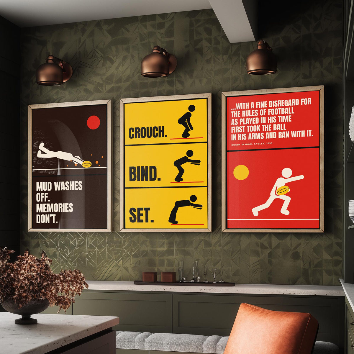 Rugby Quotes Set of Three Art Prints - 3 Retro Bauhaus Rugby Union Posters - Minimalist Sport Wall Art Illustration V2