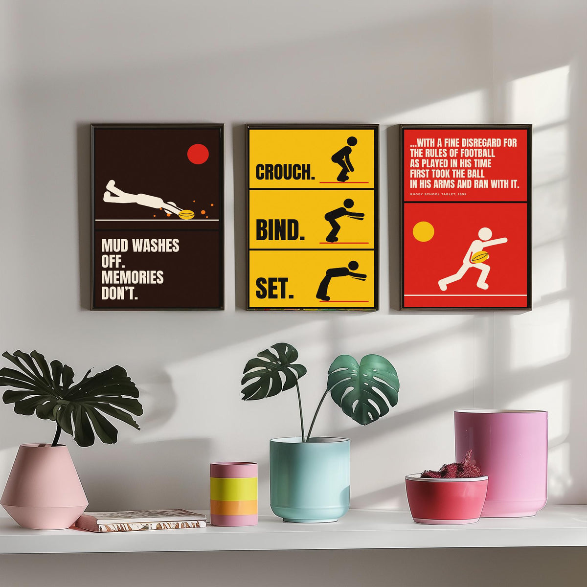 Rugby Quotes Set of Three Art Prints - 3 Retro Bauhaus Rugby Union Posters - Minimalist Sport Wall Art Illustration V2