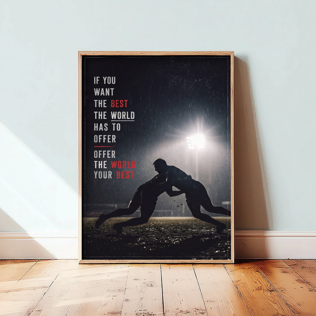 Rugby Poster - Offer the World Your Best Motivational Quote - Tackle in the Rain Photo Art Print - Floodlit Night Match Silhouette 2/3