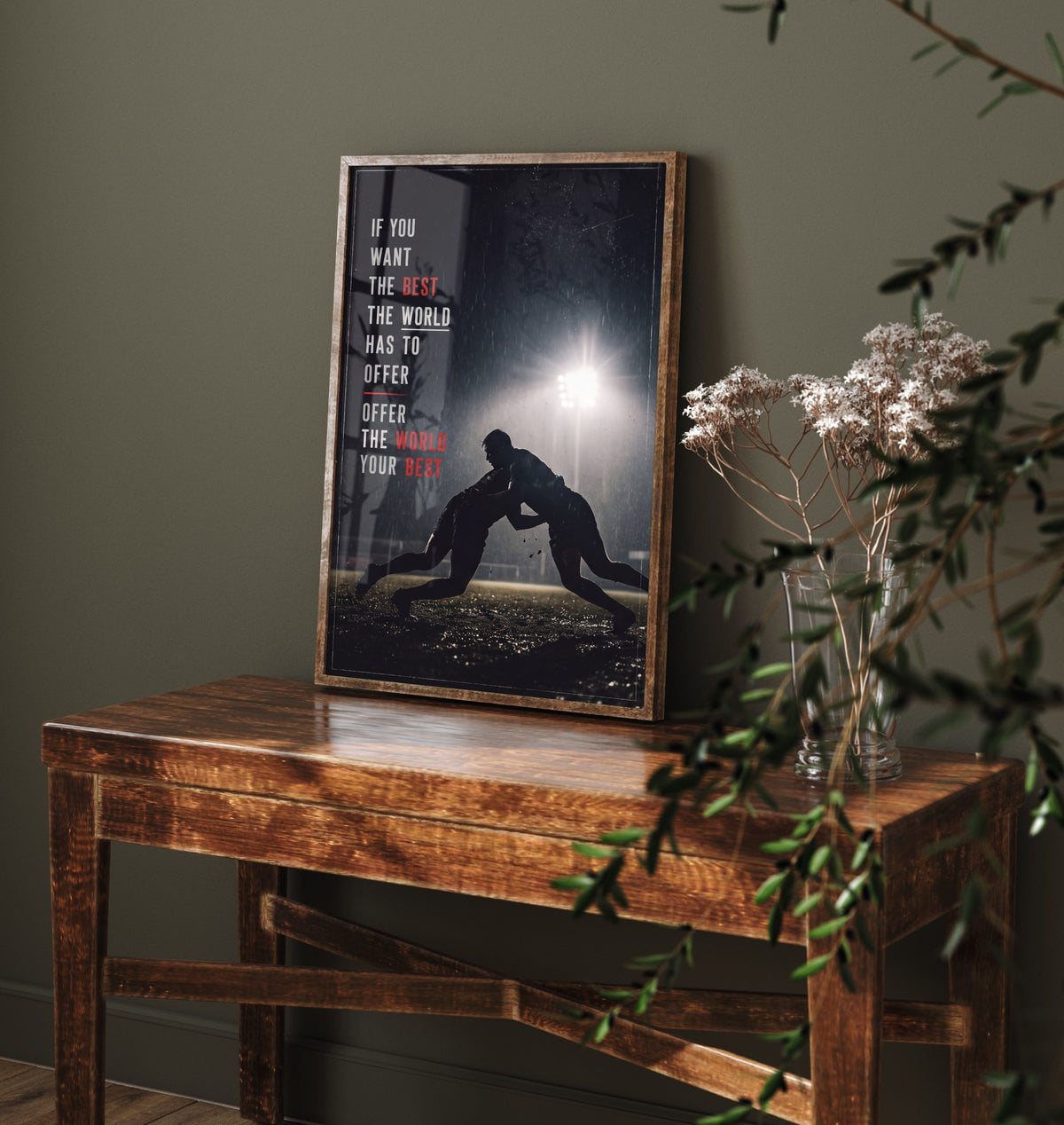 Rugby Poster - Offer the World Your Best Motivational Quote - Tackle in the Rain Photo Art Print - Floodlit Night Match Silhouette 2/3