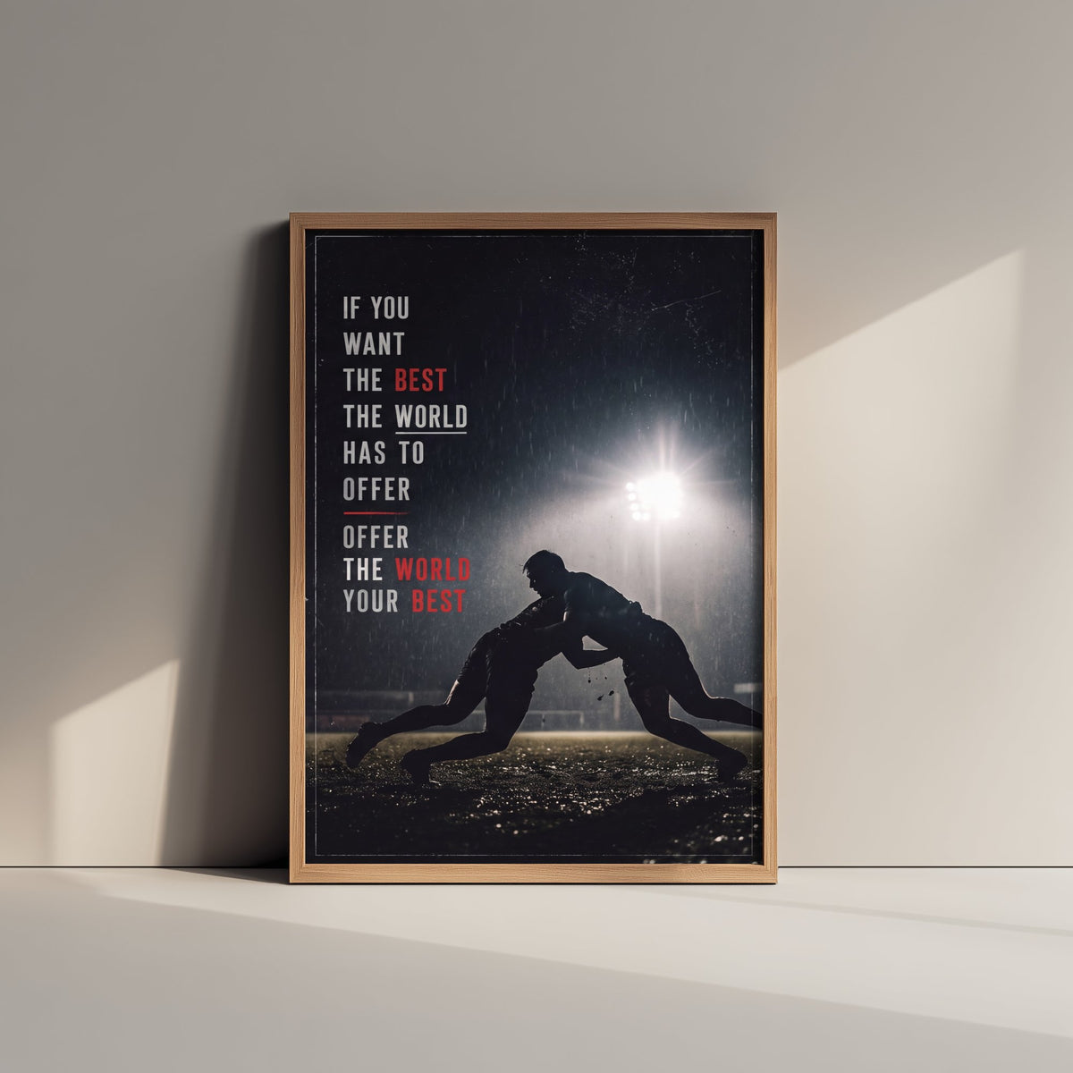 Rugby Poster - Offer the World Your Best Motivational Quote - Tackle in the Rain Photo Art Print - Floodlit Night Match Silhouette 2/3