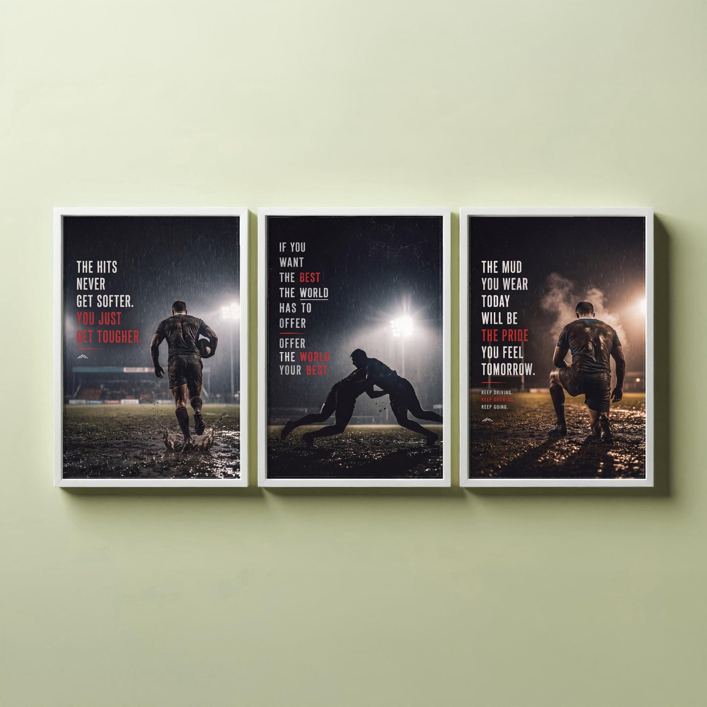 Rugby Motivation Set of Three Prints - 3 Inspirational Quote Posters - Muddy Rugby Player Photo Wall Art - Get Tougher Grit Quotes