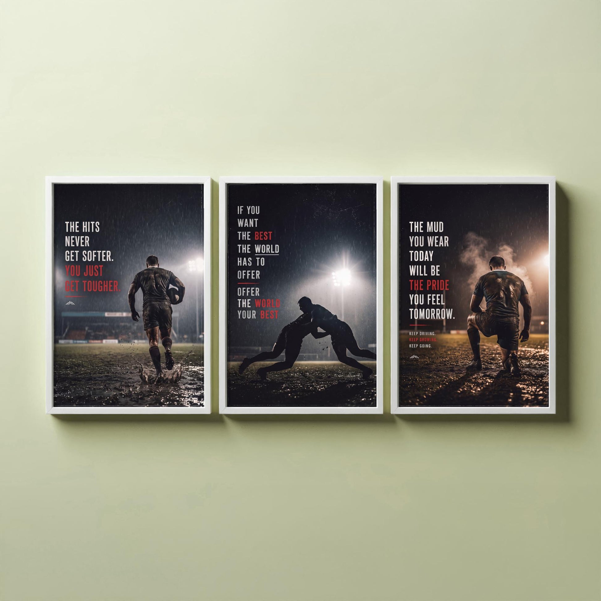 Rugby Motivation Set of Three Prints - 3 Inspirational Quote Posters - Muddy Rugby Player Photo Wall Art - Get Tougher Grit Quotes