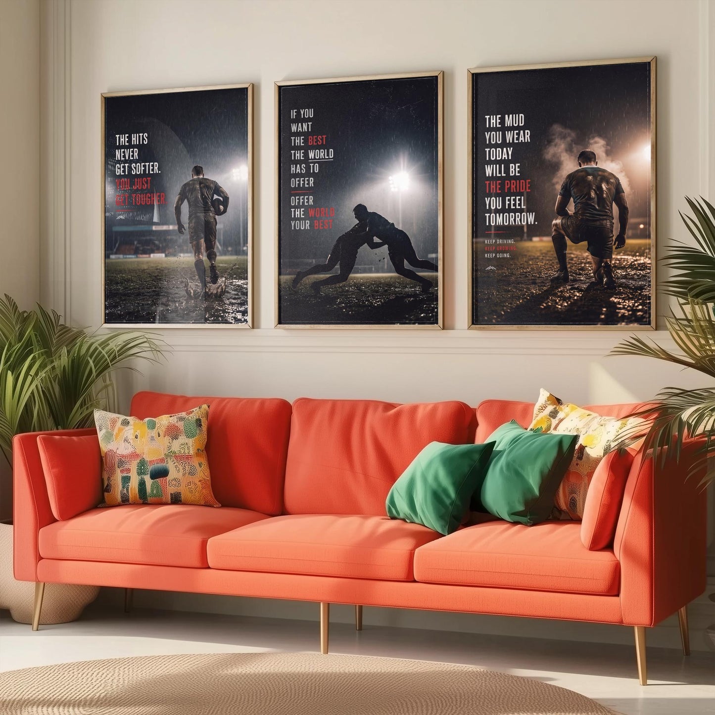 Rugby Motivation Set of Three Prints - 3 Inspirational Quote Posters - Muddy Rugby Player Photo Wall Art - Get Tougher Grit Quotes