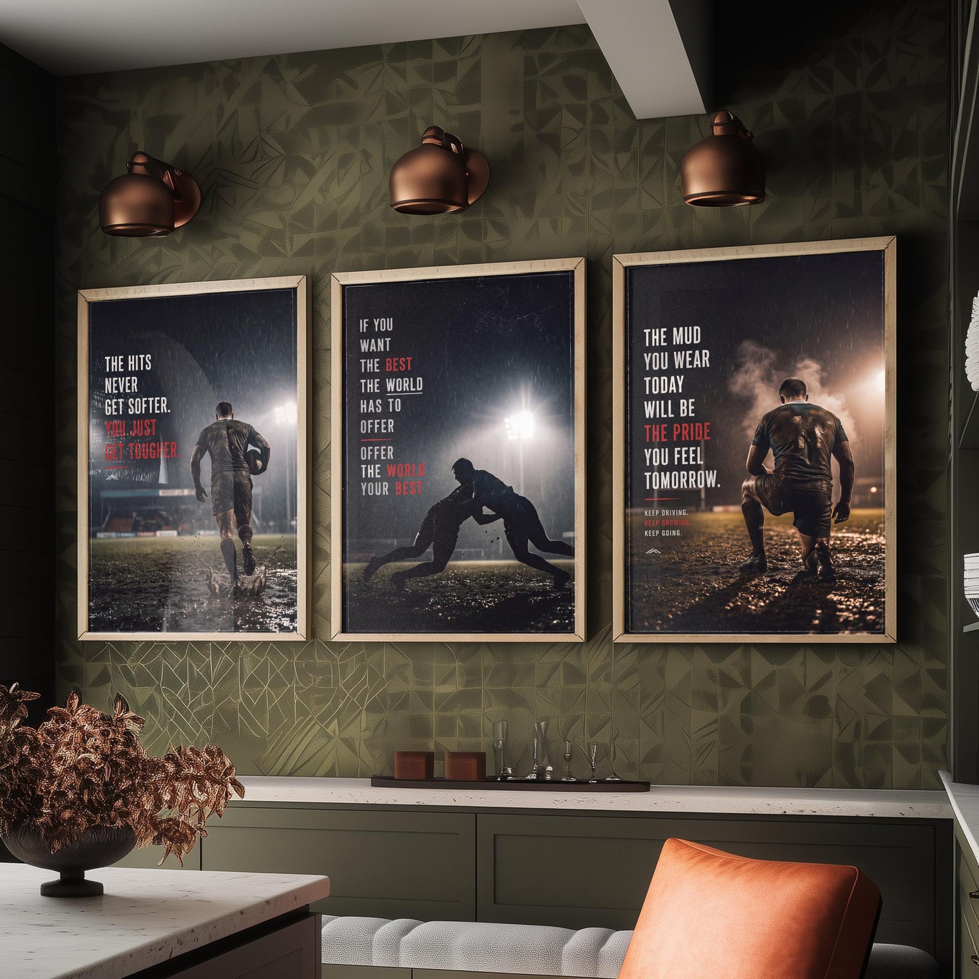 Rugby Motivation Set of Three Prints - 3 Inspirational Quote Posters - Muddy Rugby Player Photo Wall Art - Get Tougher Grit Quotes