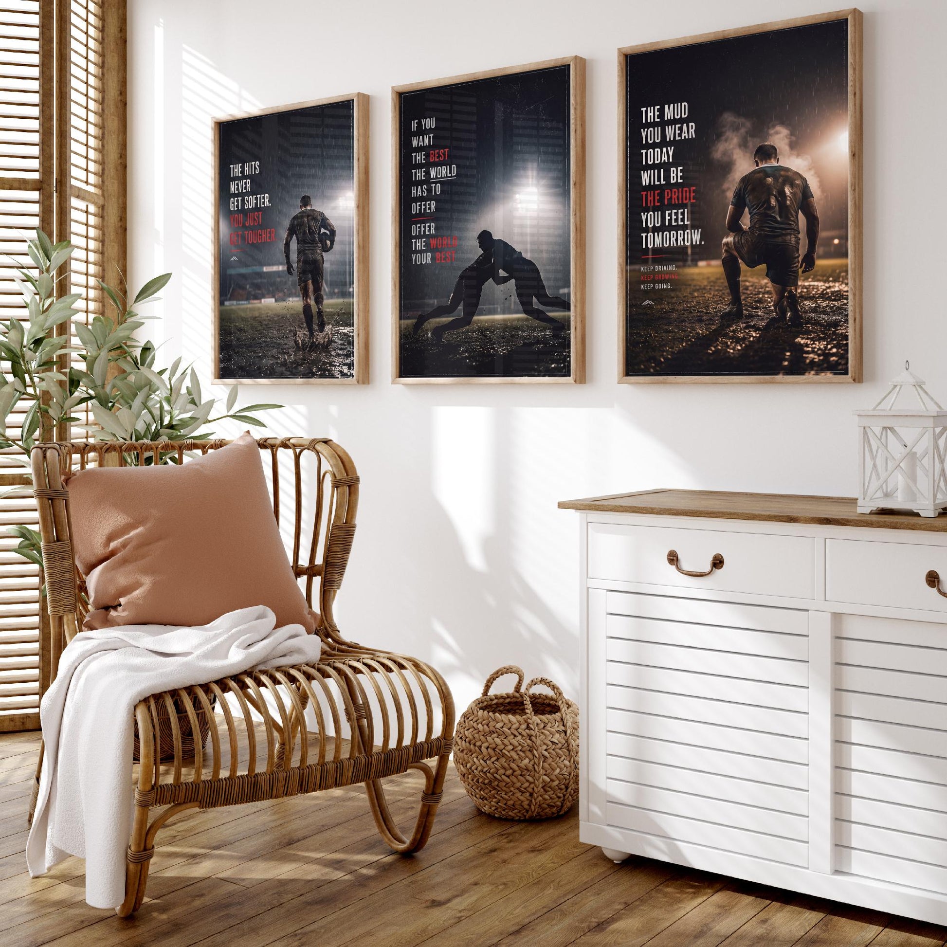 Rugby Motivation Set of Three Prints - 3 Inspirational Quote Posters - Muddy Rugby Player Photo Wall Art - Get Tougher Grit Quotes