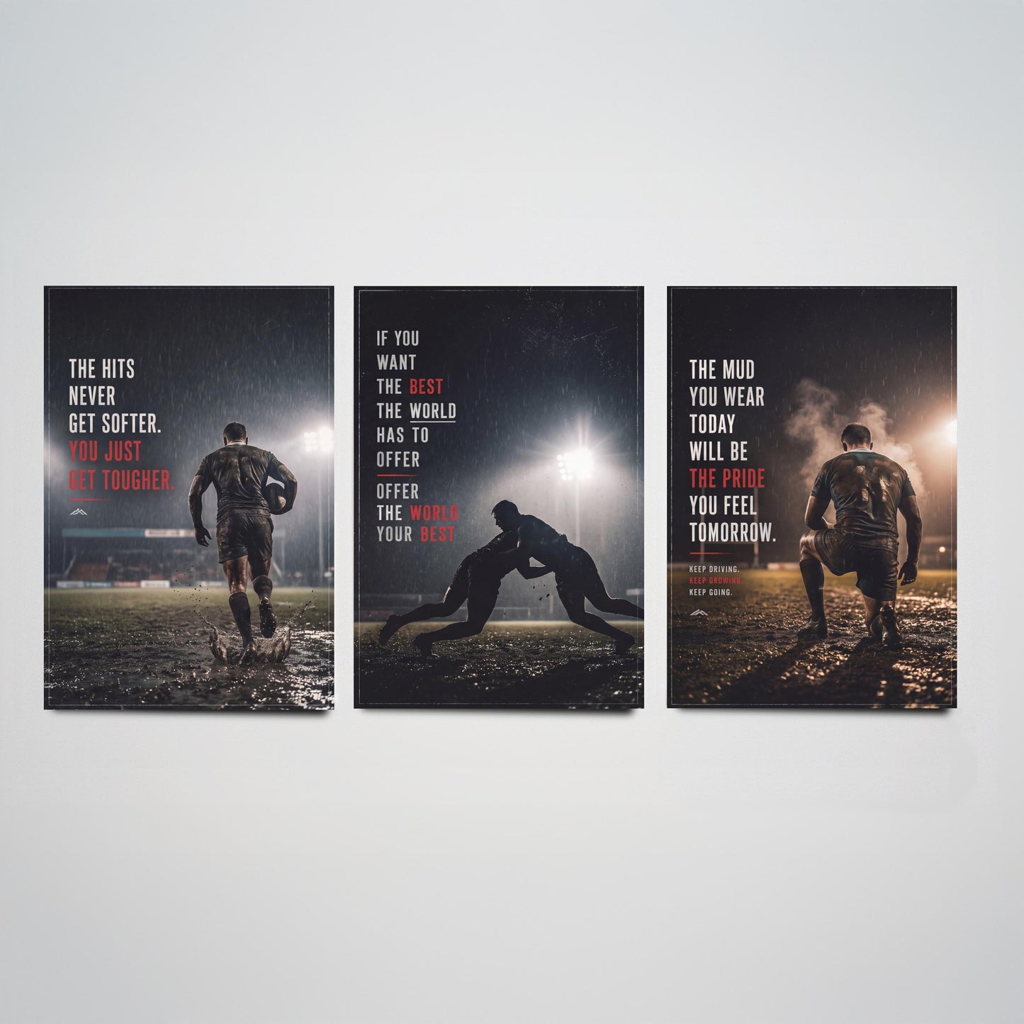 Rugby Motivation Set of Three Prints - 3 Inspirational Quote Posters - Muddy Rugby Player Photo Wall Art - Get Tougher Grit Quotes