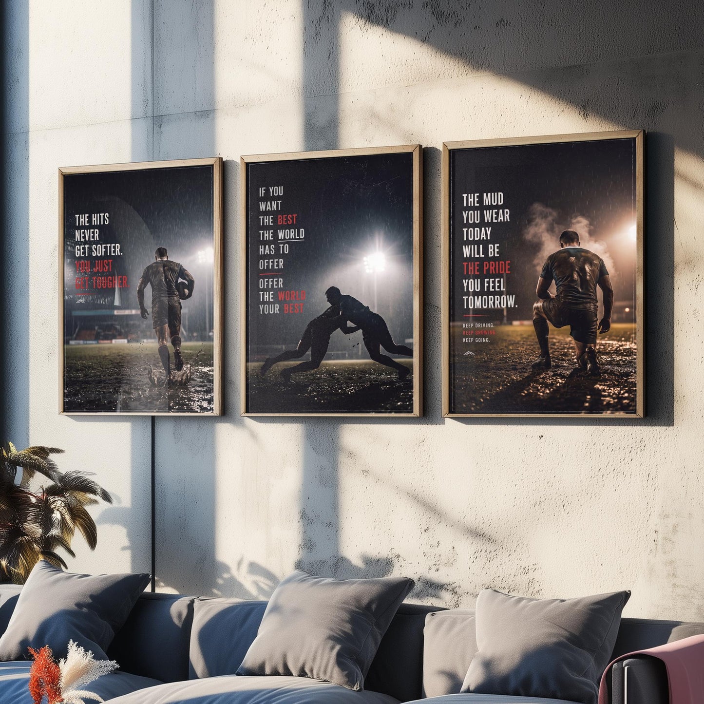 Rugby Motivation Set of Three Prints - 3 Inspirational Quote Posters - Muddy Rugby Player Photo Wall Art - Get Tougher Grit Quotes