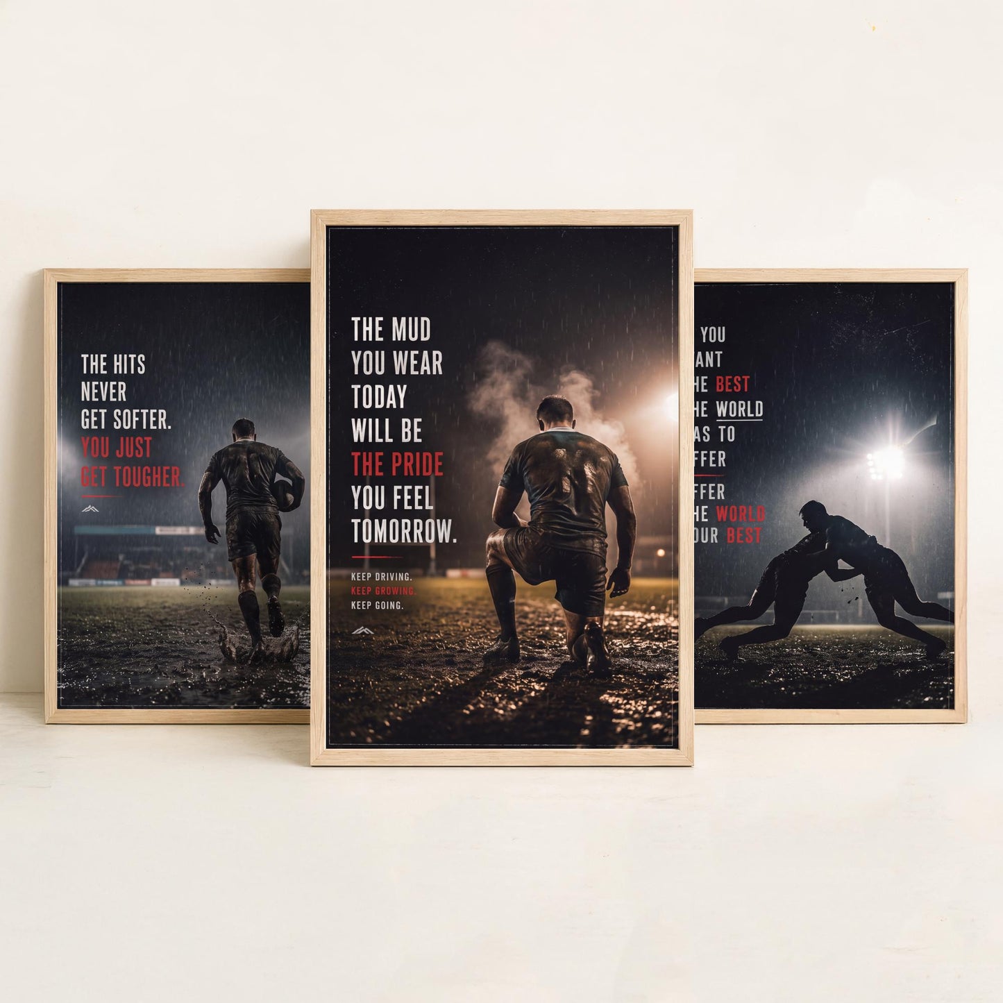 Rugby Motivation Set of Three Prints - 3 Inspirational Quote Posters - Muddy Rugby Player Photo Wall Art - Get Tougher Grit Quotes
