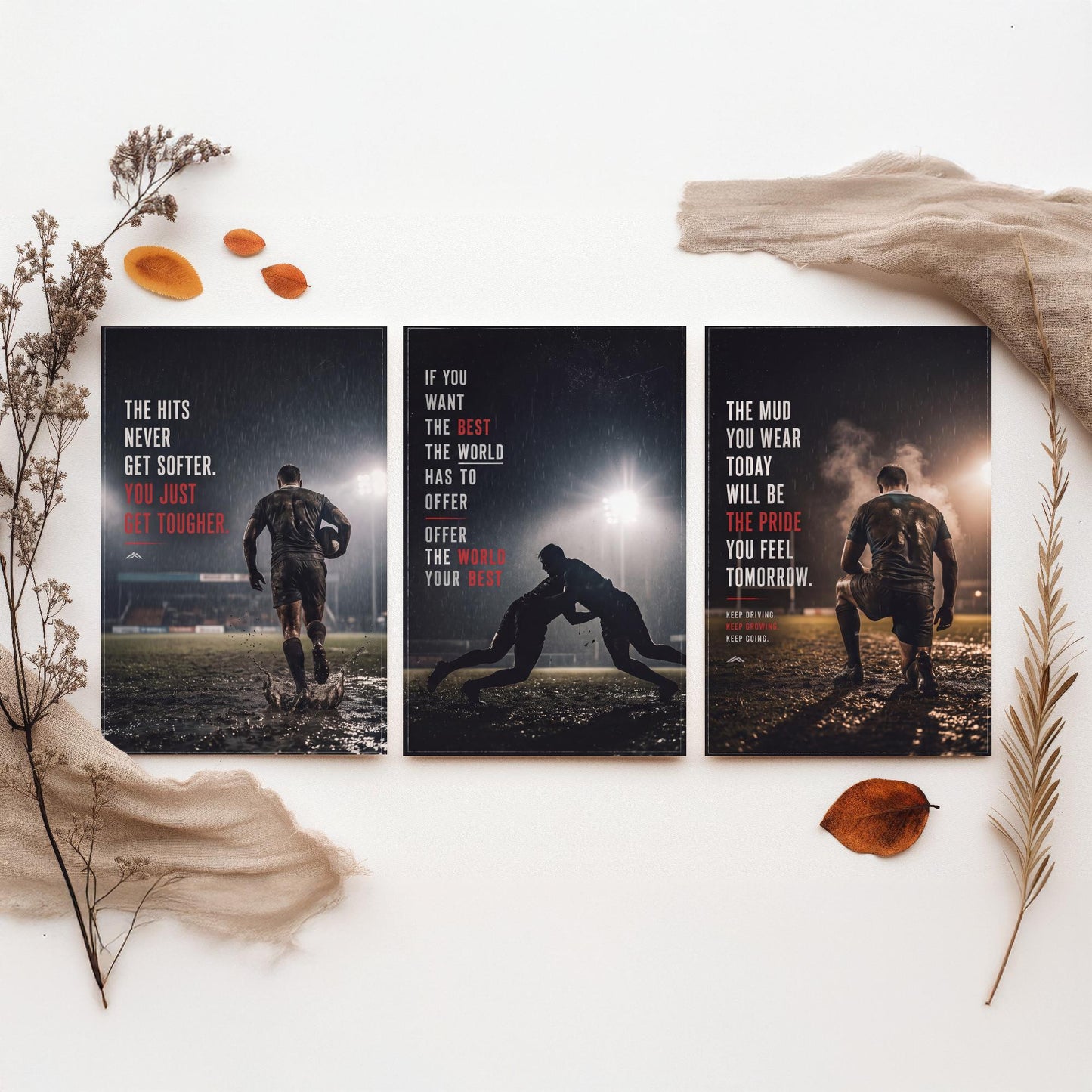 Rugby Motivation Set of Three Prints - 3 Inspirational Quote Posters - Muddy Rugby Player Photo Wall Art - Get Tougher Grit Quotes