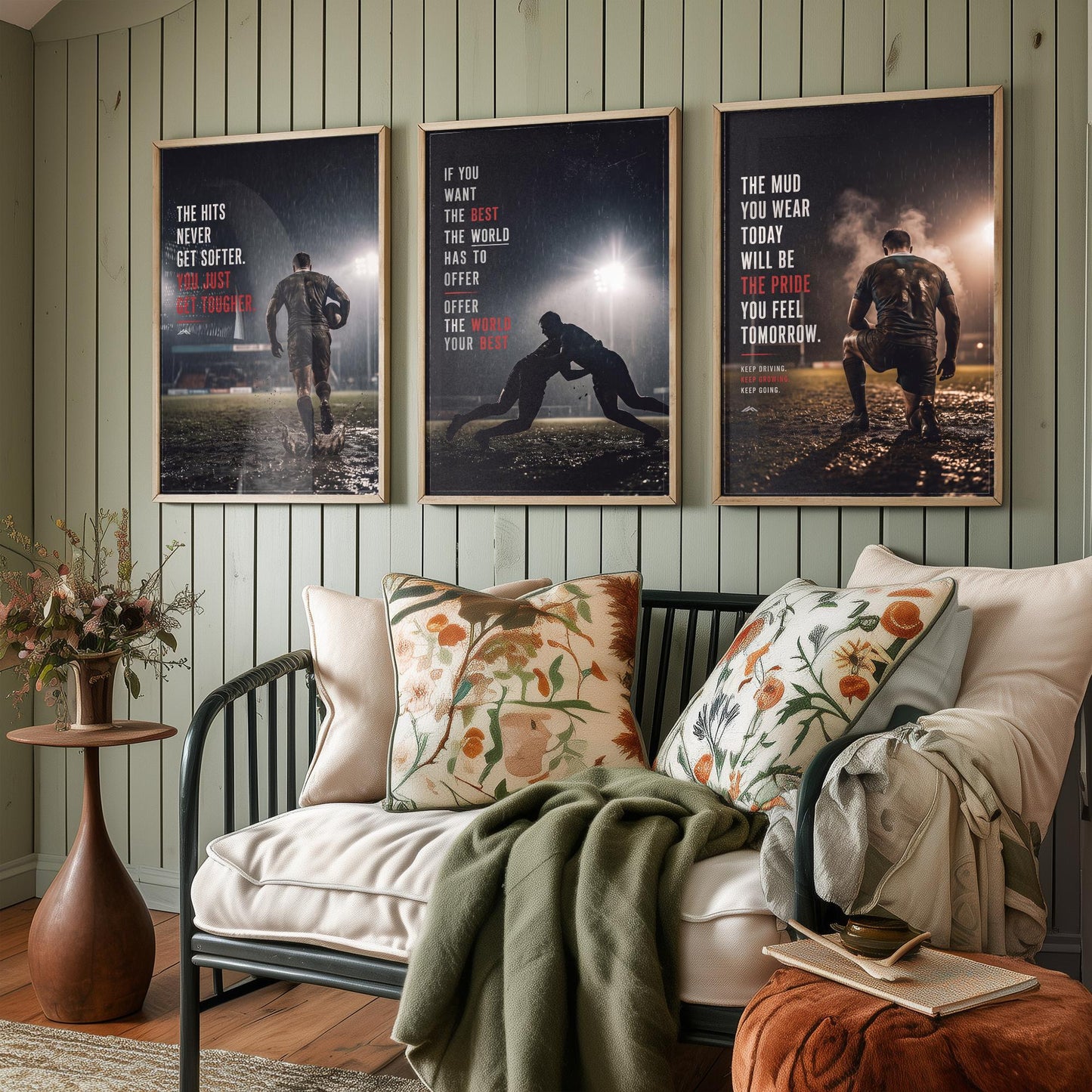 Rugby Motivation Set of Three Prints - 3 Inspirational Quote Posters - Muddy Rugby Player Photo Wall Art - Get Tougher Grit Quotes