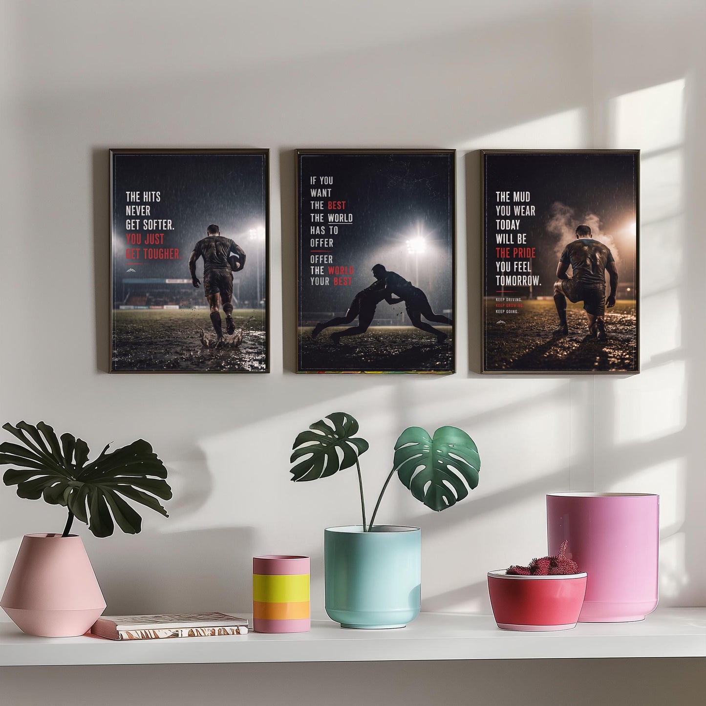 Rugby Motivation Set of Three Prints - 3 Inspirational Quote Posters - Muddy Rugby Player Photo Wall Art - Get Tougher Grit Quotes