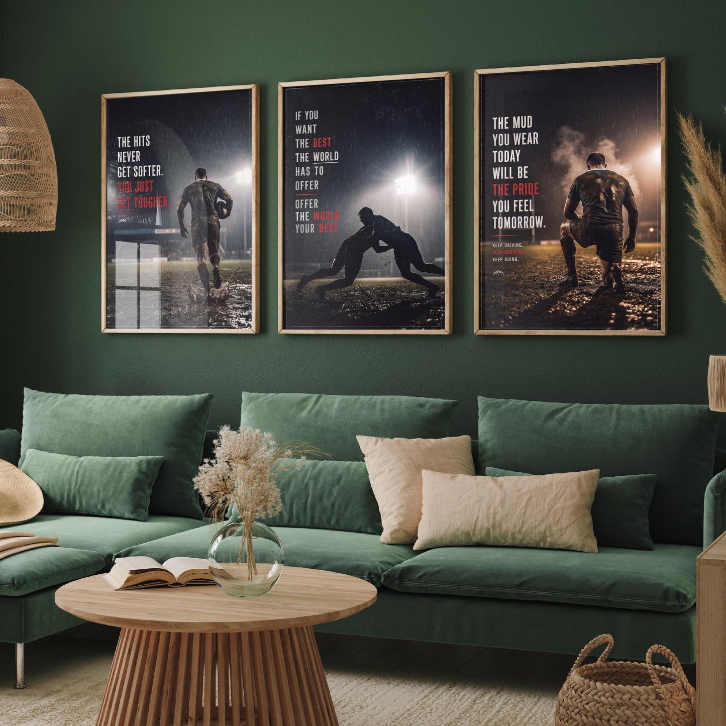 Rugby Motivation Set of Three Prints - 3 Inspirational Quote Posters - Muddy Rugby Player Photo Wall Art - Get Tougher Grit Quotes