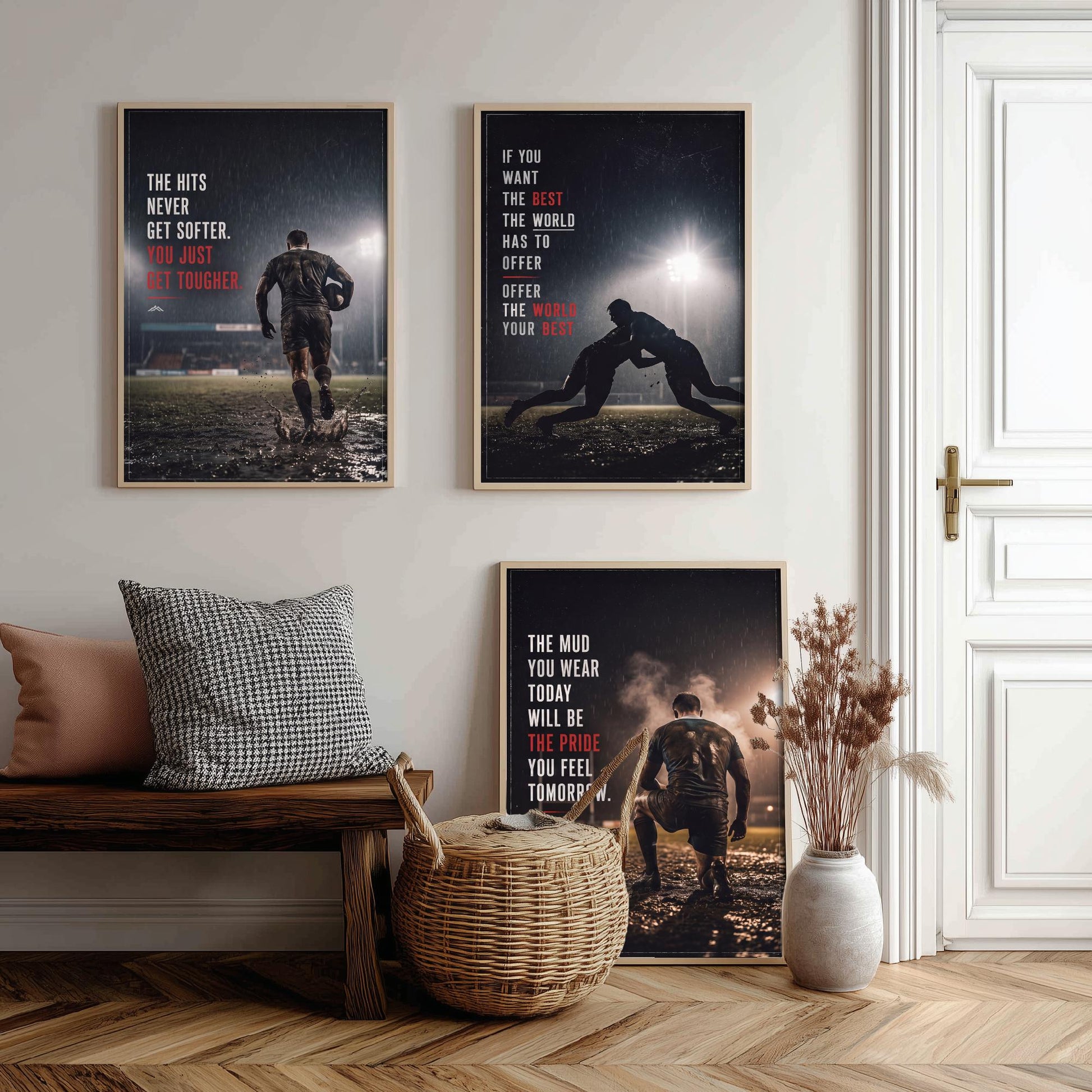 Rugby Motivation Set of Three Prints - 3 Inspirational Quote Posters - Muddy Rugby Player Photo Wall Art - Get Tougher Grit Quotes