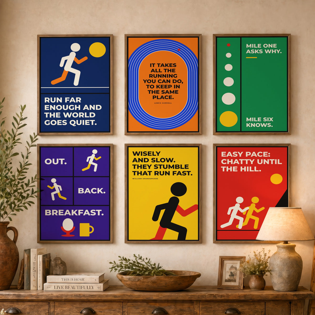 Set of Six Running Quote Art Prints - 6 Bauhaus Runner Posters - Minimalist Sport Illustration - Track, Long Run