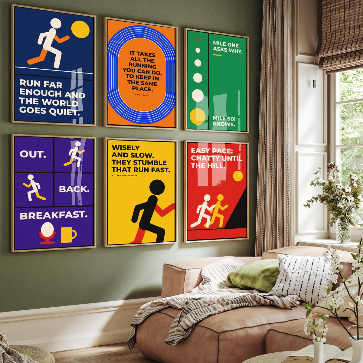 Set of Six Running Quote Art Prints - 6 Bauhaus Runner Posters - Minimalist Sport Illustration - Track, Long Run