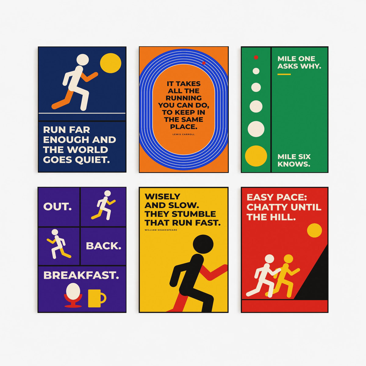 Set of Six Running Quote Art Prints - 6 Bauhaus Runner Posters - Minimalist Sport Illustration - Track, Long Run