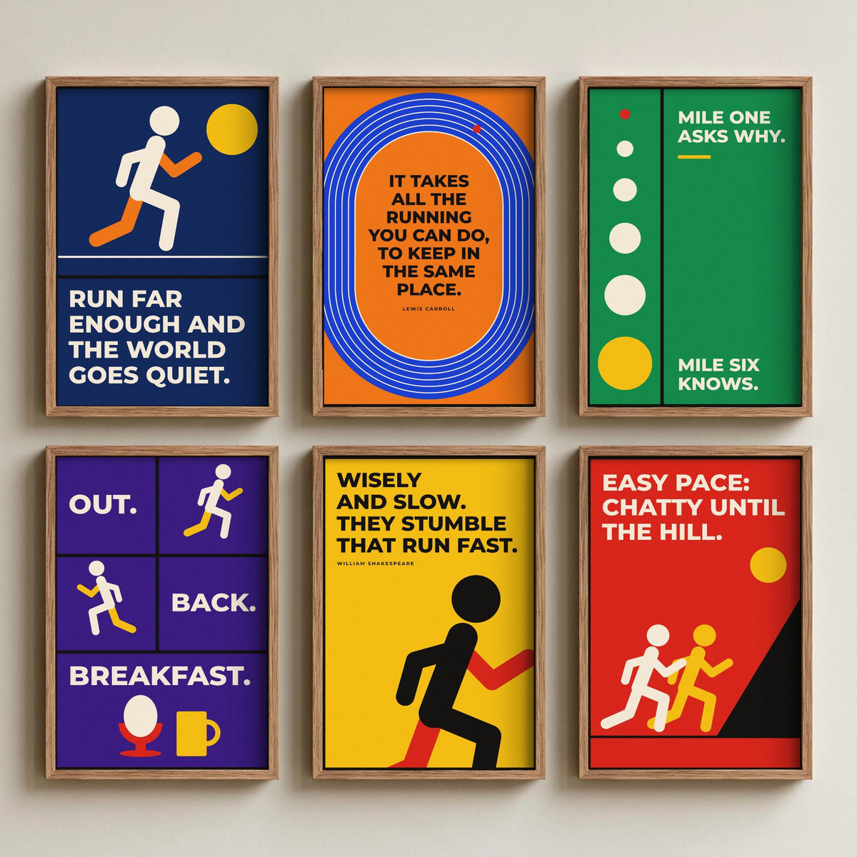 Set of Six Running Quote Art Prints - 6 Bauhaus Runner Posters - Minimalist Sport Illustration - Track, Long Run