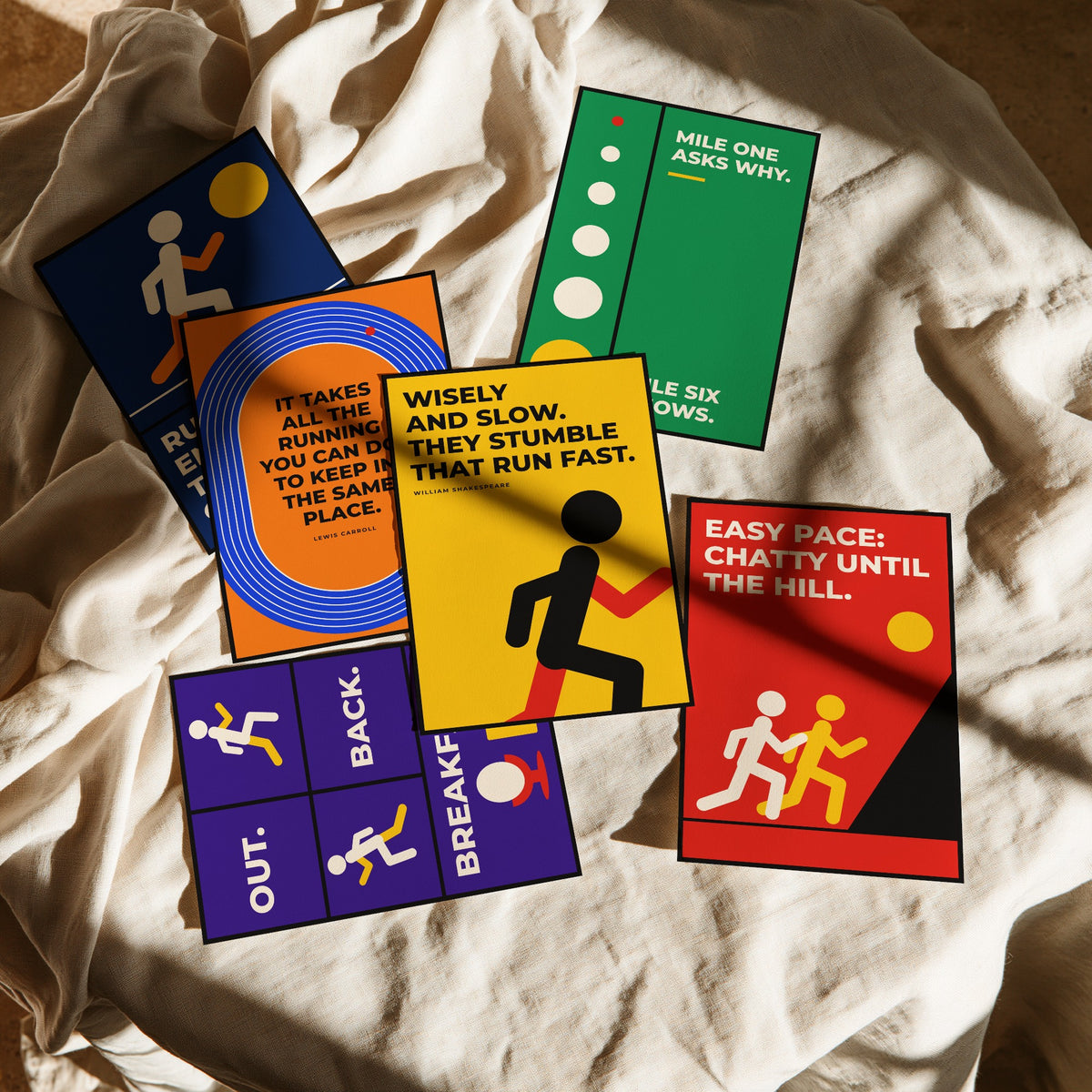 Set of Six Running Quote Art Prints - 6 Bauhaus Runner Posters - Minimalist Sport Illustration - Track, Long Run