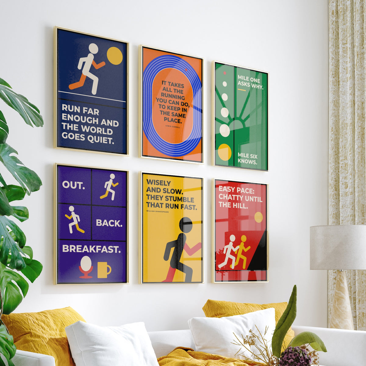 Set of Six Running Quote Art Prints - 6 Bauhaus Runner Posters - Minimalist Sport Illustration - Track, Long Run