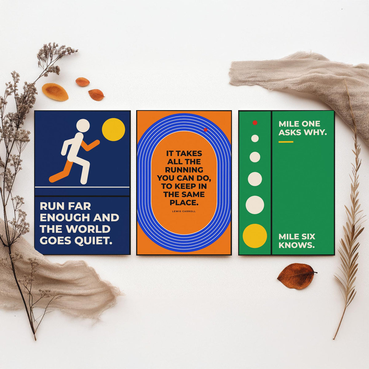 Running Quotes Set of Three Art Prints - 3 Bauhaus Runner Posters - Minimalist Sport Wall Art Illustration V1