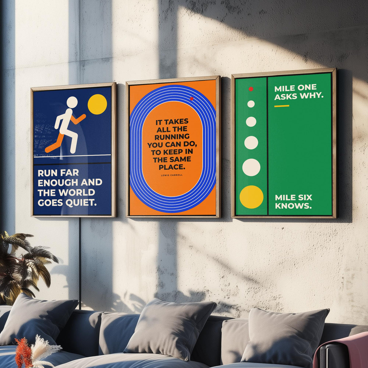 Running Quotes Set of Three Art Prints - 3 Bauhaus Runner Posters - Minimalist Sport Wall Art Illustration V1