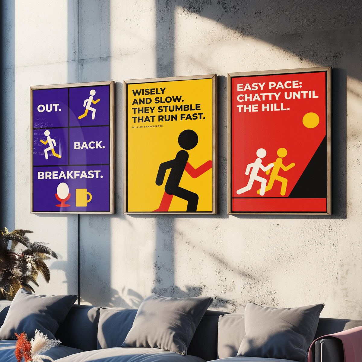 Running Quotes Set of Three Art Prints - 3 Retro Bauhaus Runner Posters - Minimalist Sport Wall Art Illustration V2