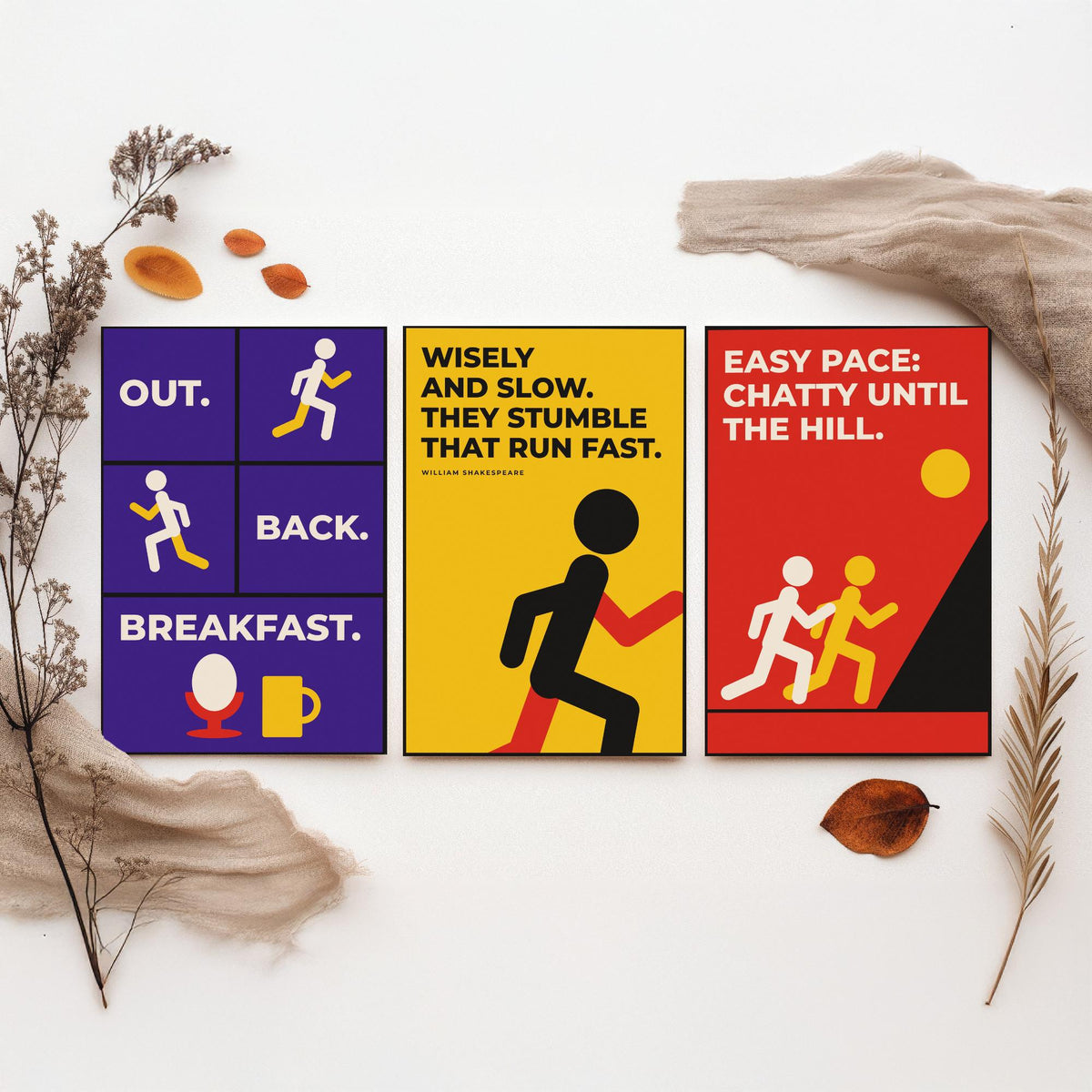Running Quotes Set of Three Art Prints - 3 Retro Bauhaus Runner Posters - Minimalist Sport Wall Art Illustration V2