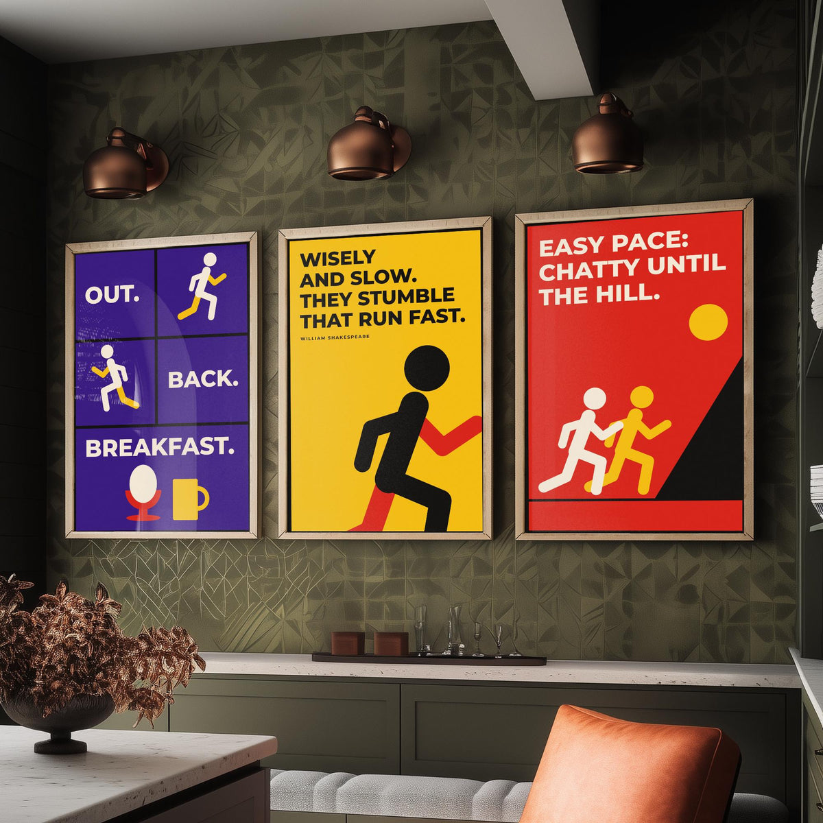 Running Quotes Set of Three Art Prints - 3 Retro Bauhaus Runner Posters - Minimalist Sport Wall Art Illustration V2