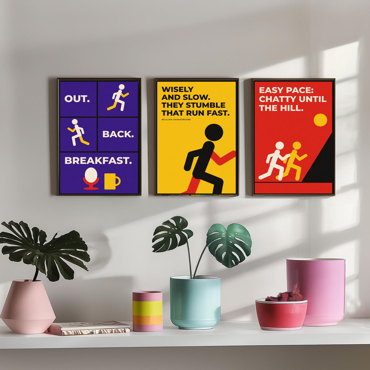 Running Quotes Set of Three Art Prints - 3 Retro Bauhaus Runner Posters - Minimalist Sport Wall Art Illustration V2