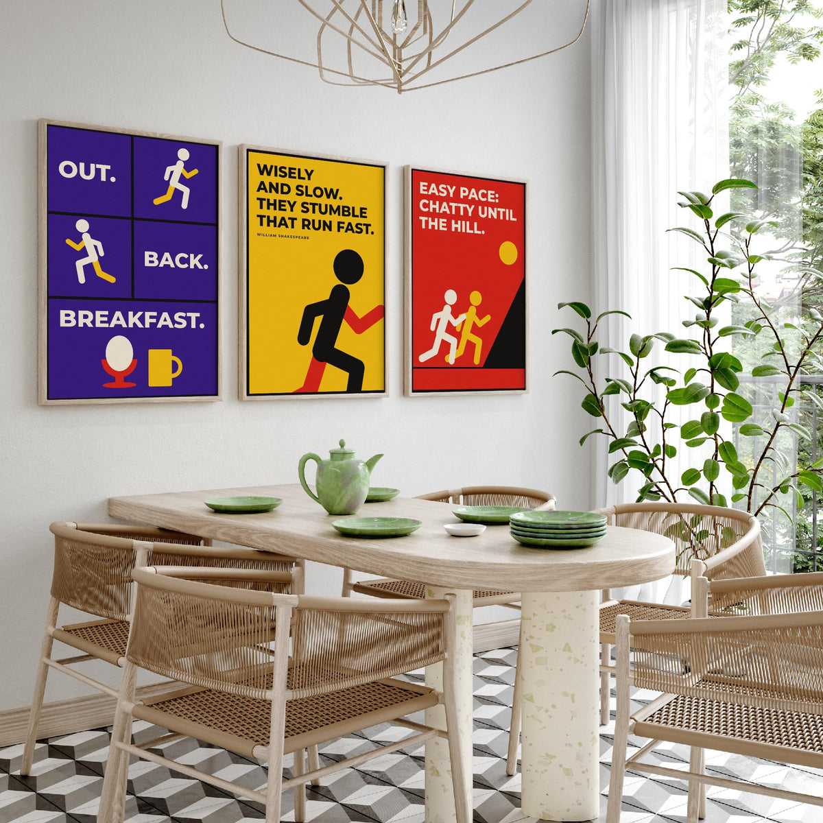 Running Quotes Set of Three Art Prints - 3 Retro Bauhaus Runner Posters - Minimalist Sport Wall Art Illustration V2