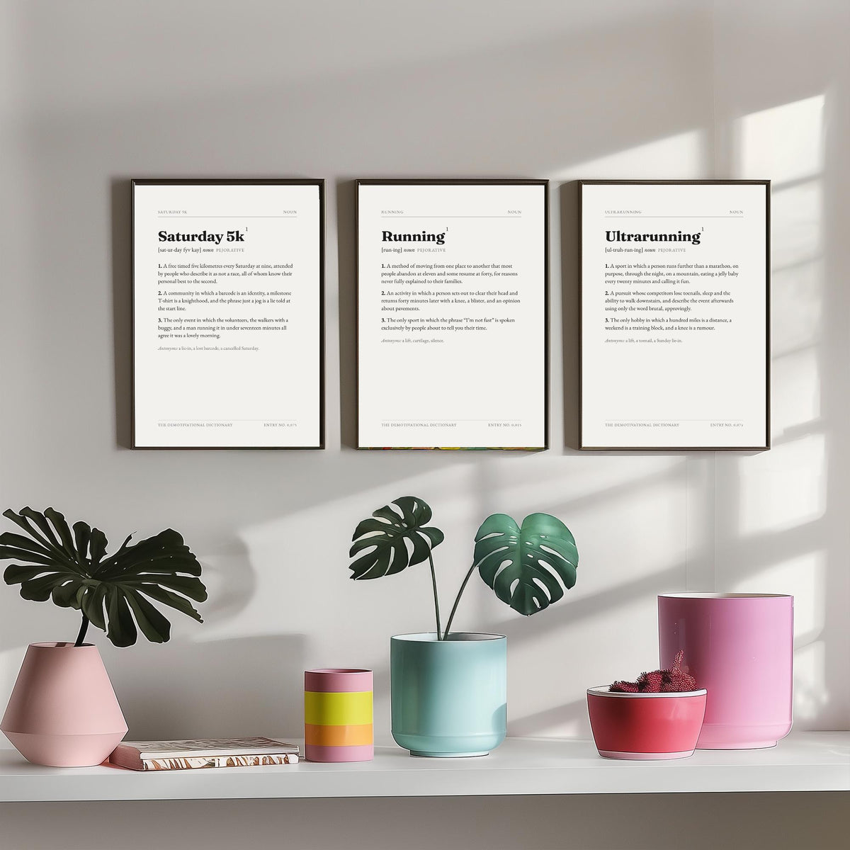 Running Demotivational Dictionary Set of Three Art Prints - Saturday 5k, Running, Ultrarunning - Dry Humour Typography Poster