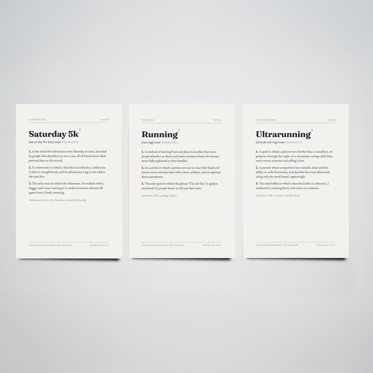 Running Demotivational Dictionary Set of Three Art Prints - Saturday 5k, Running, Ultrarunning - Dry Humour Typography Poster