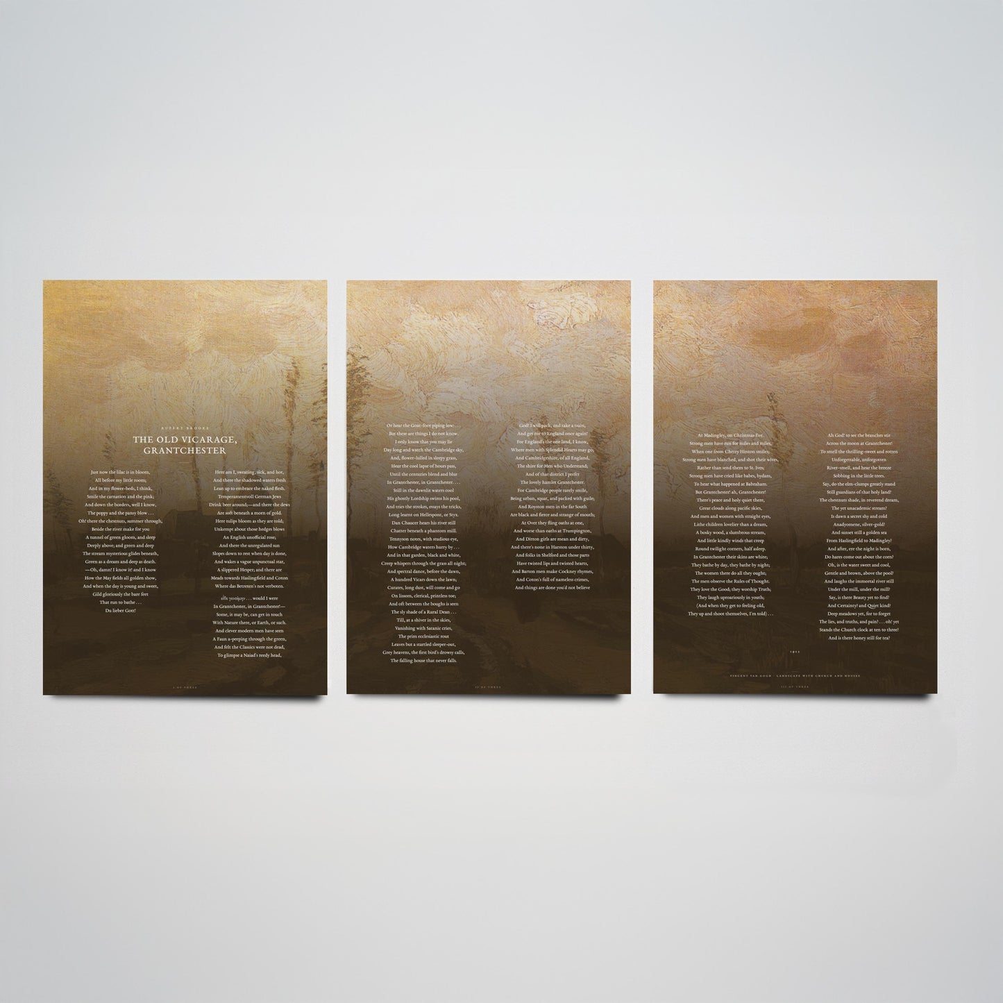 The Old Vicarage Grantchester by Rupert Brooke Set of Three Art Prints - Full Poem over Van Gogh Painting - English Poetry Poster Triptych