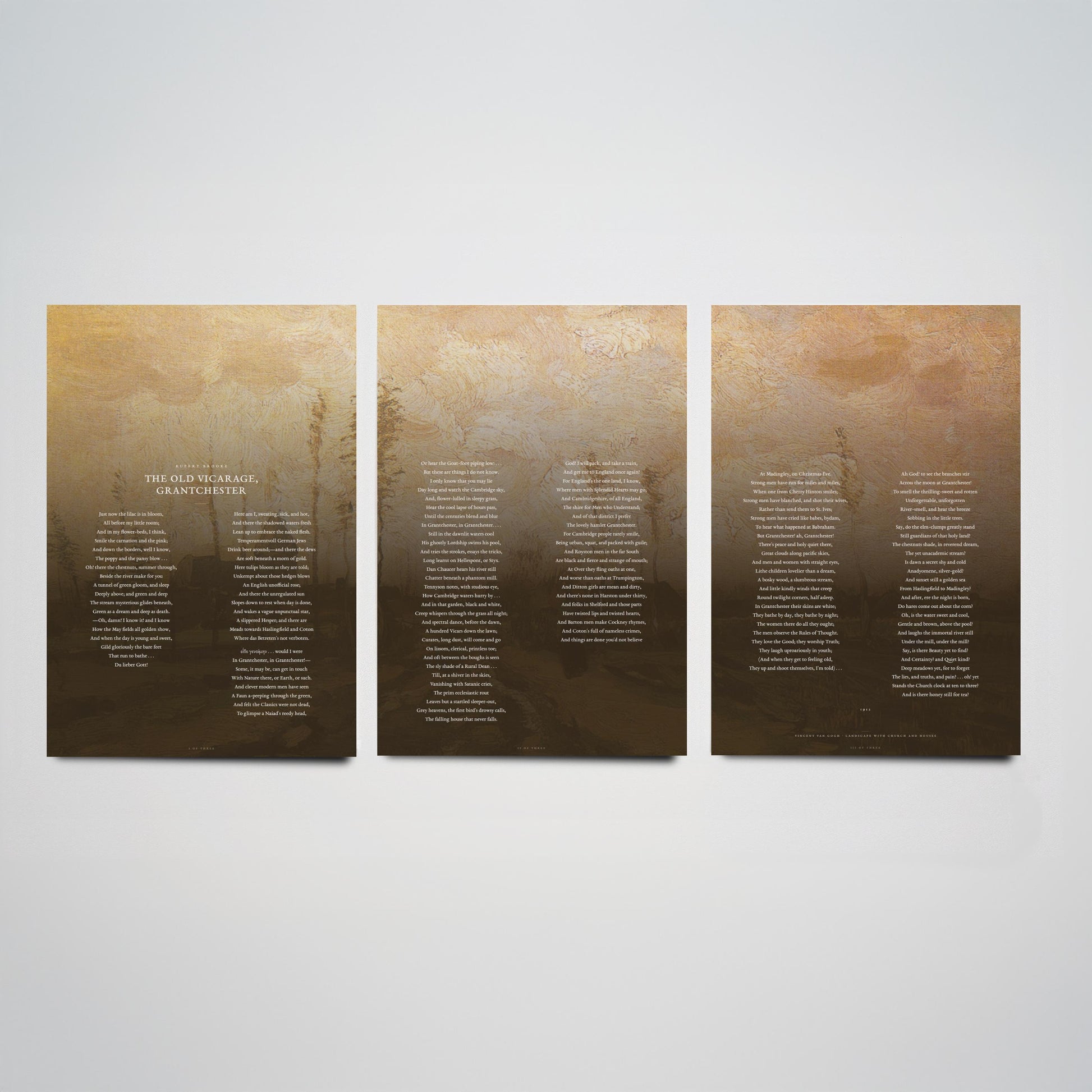 The Old Vicarage Grantchester by Rupert Brooke Set of Three Art Prints - Full Poem over Van Gogh Painting - English Poetry Poster Triptych