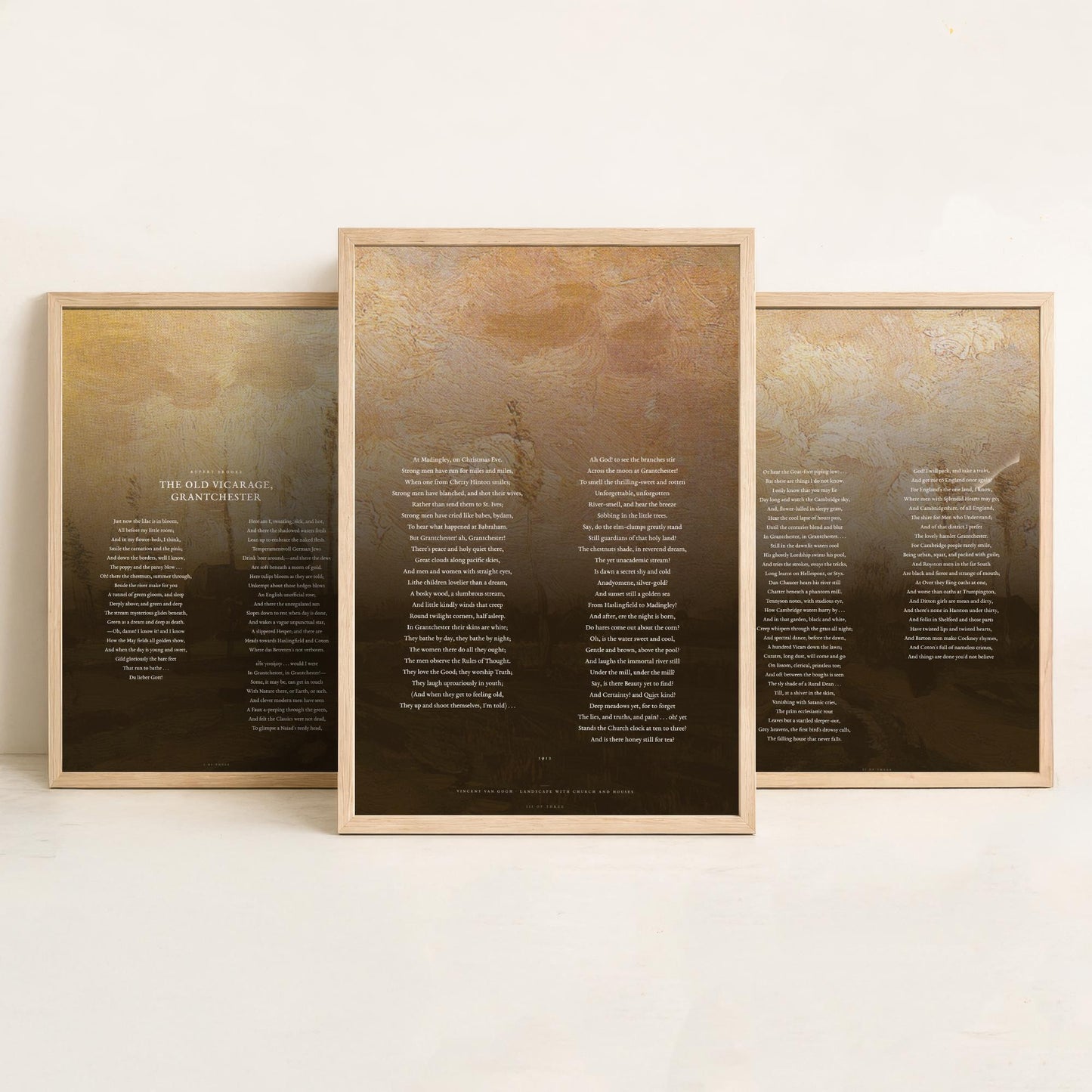 The Old Vicarage Grantchester by Rupert Brooke Set of Three Art Prints - Full Poem over Van Gogh Painting - English Poetry Poster Triptych