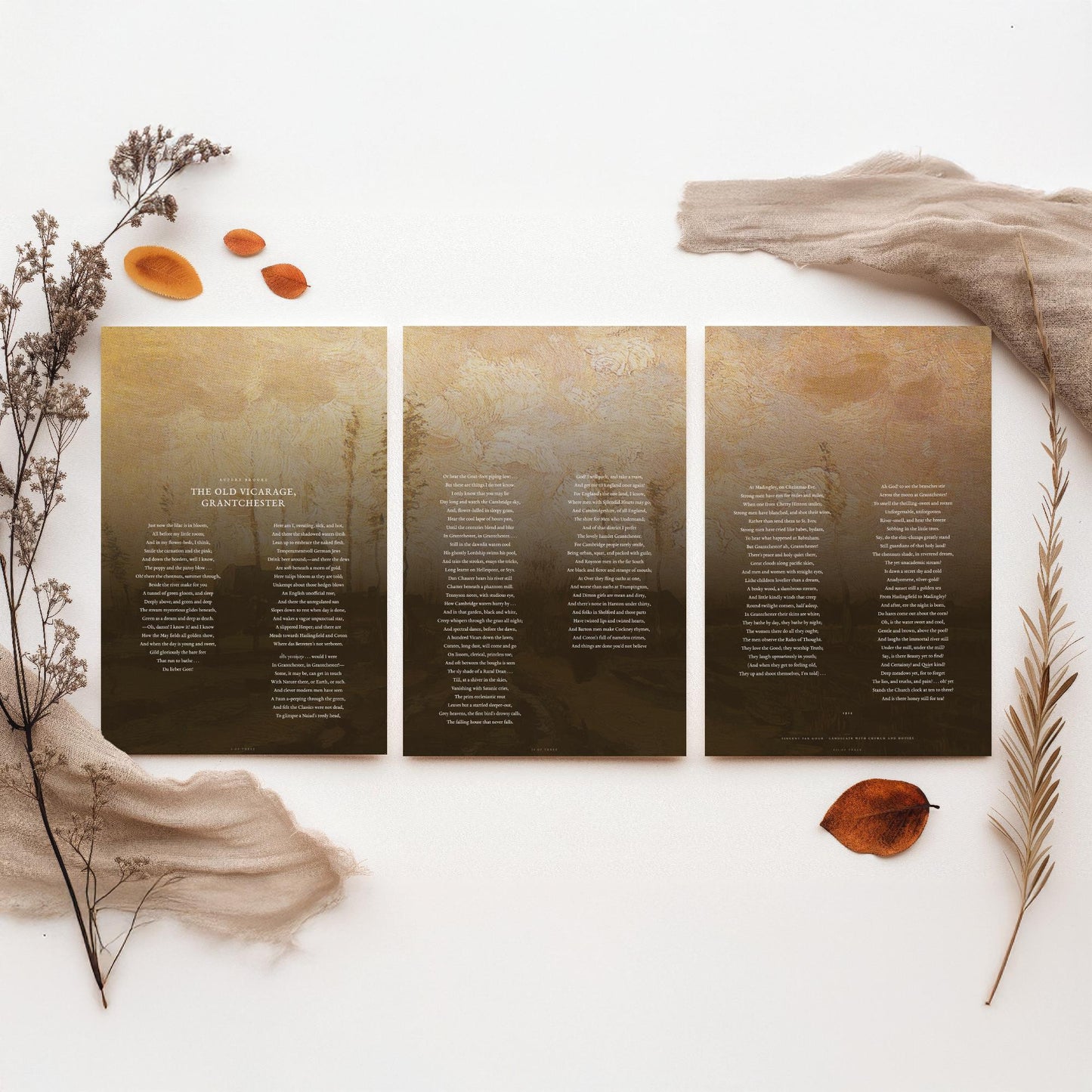 The Old Vicarage Grantchester by Rupert Brooke Set of Three Art Prints - Full Poem over Van Gogh Painting - English Poetry Poster Triptych
