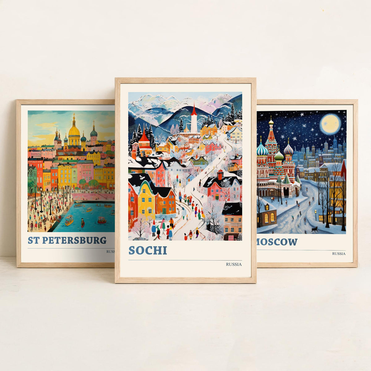 Russia Set of Three Travel Posters - St Petersburg, Moscow, Sochi - Ludwig Folk Art Prints - Naive Painting
