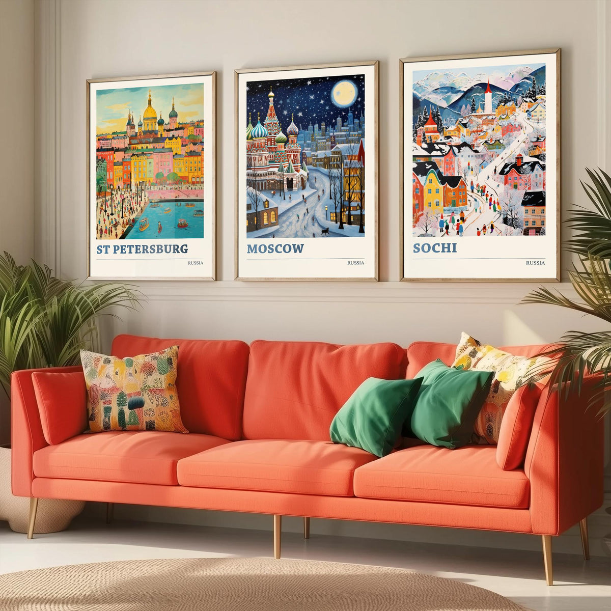 Russia Set of Three Travel Posters - St Petersburg, Moscow, Sochi - Ludwig Folk Art Prints - Naive Painting