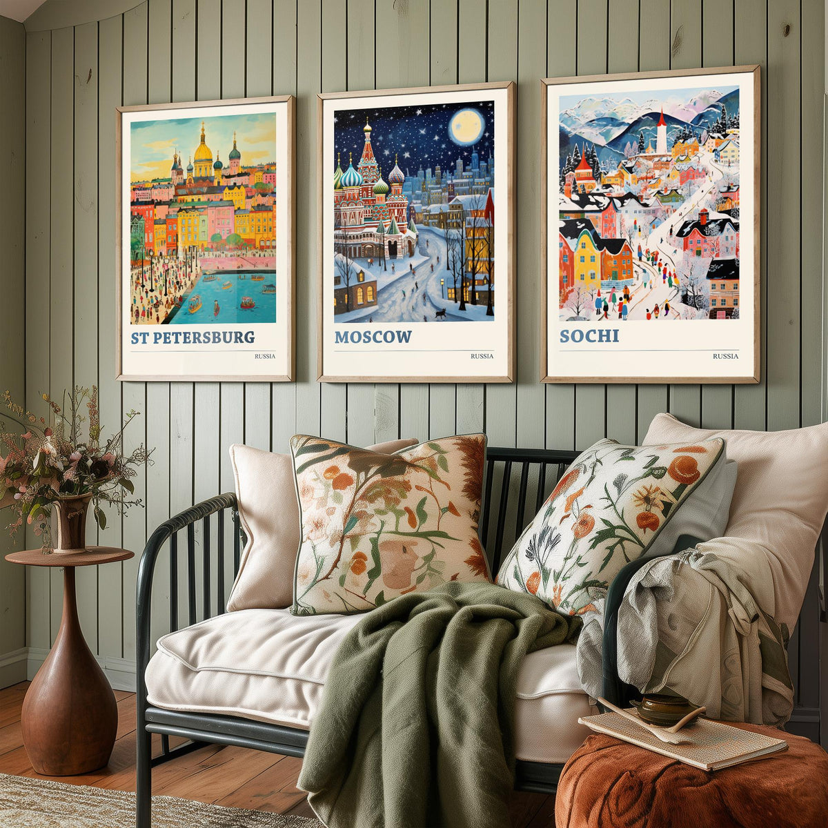 Russia Set of Three Travel Posters - St Petersburg, Moscow, Sochi - Ludwig Folk Art Prints - Naive Painting