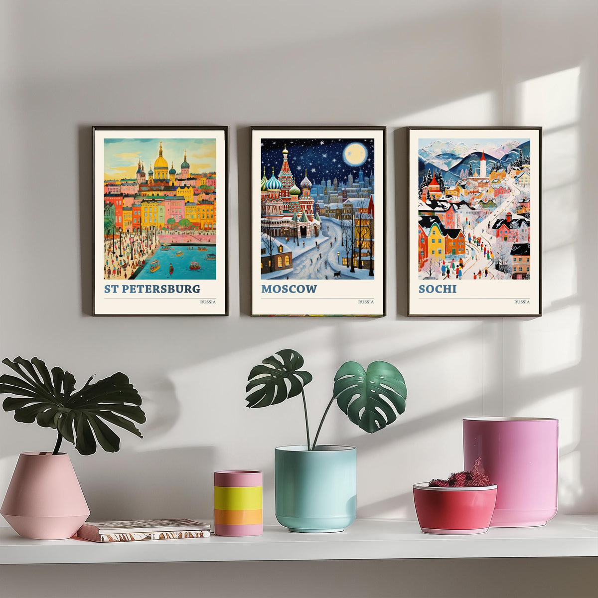 Russia Set of Three Travel Posters - St Petersburg, Moscow, Sochi - Ludwig Folk Art Prints - Naive Painting