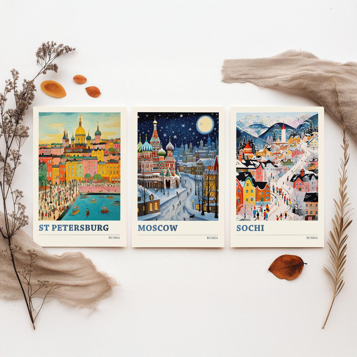 Russia Set of Three Travel Posters - St Petersburg, Moscow, Sochi - Ludwig Folk Art Prints - Naive Painting