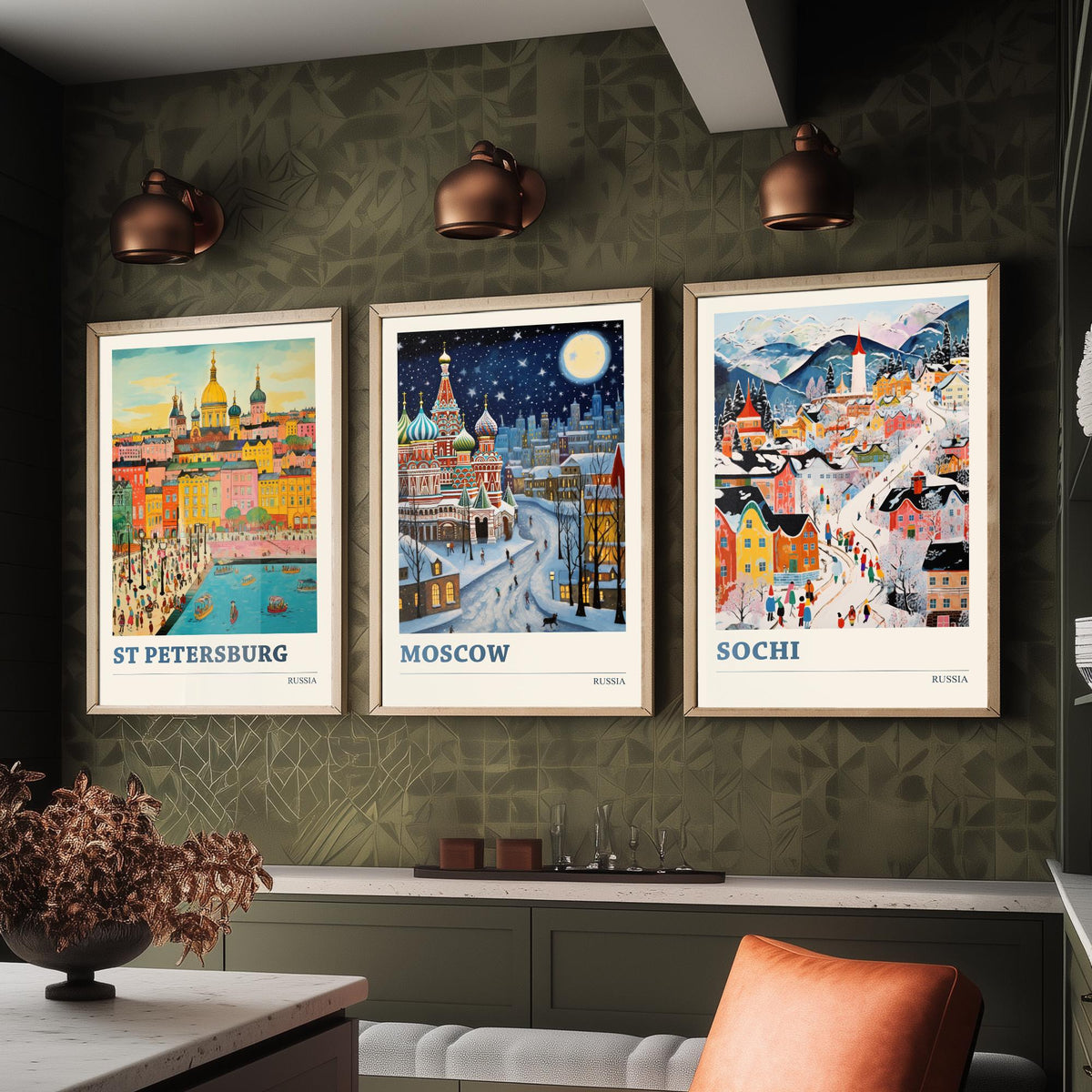 Russia Set of Three Travel Posters - St Petersburg, Moscow, Sochi - Ludwig Folk Art Prints - Naive Painting