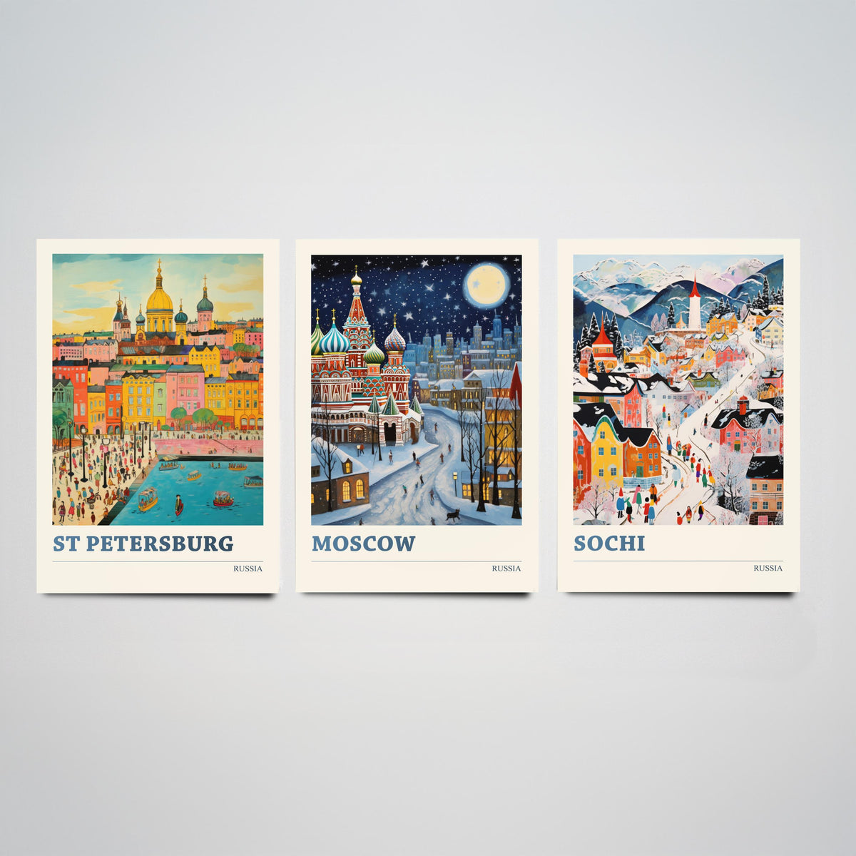 Russia Set of Three Travel Posters - St Petersburg, Moscow, Sochi - Ludwig Folk Art Prints - Naive Painting