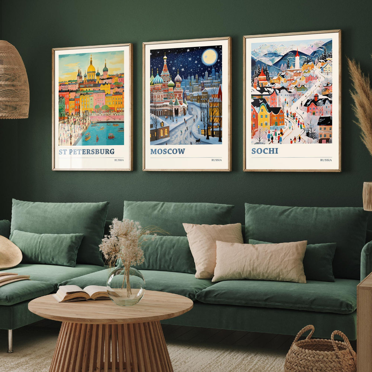 Russia Set of Three Travel Posters - St Petersburg, Moscow, Sochi - Ludwig Folk Art Prints - Naive Painting