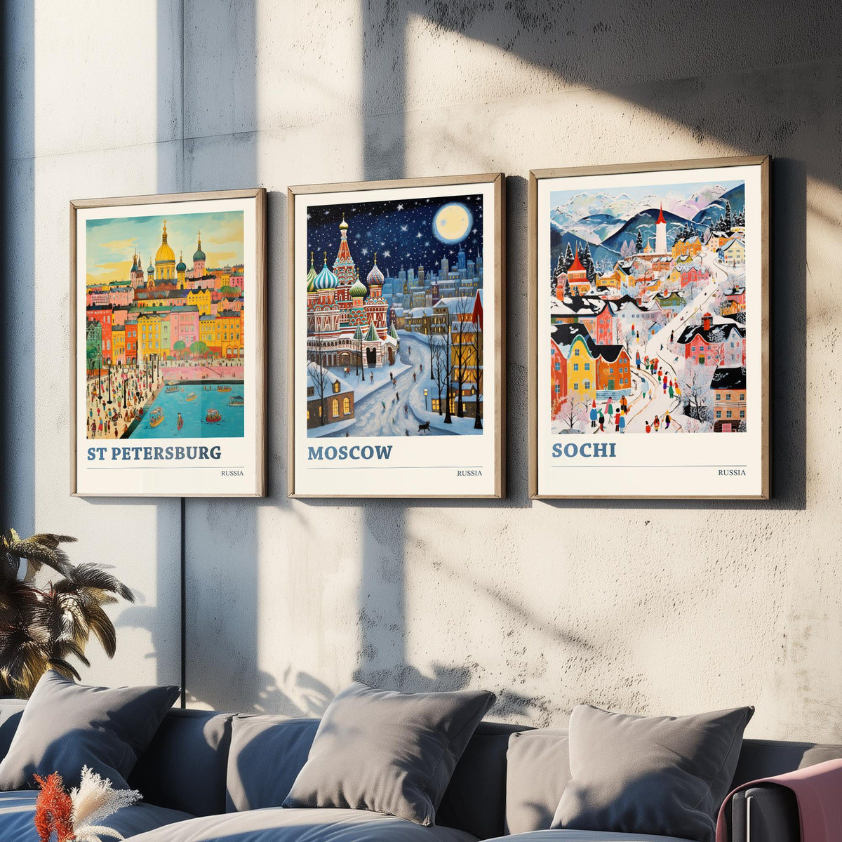 Russia Set of Three Travel Posters - St Petersburg, Moscow, Sochi - Ludwig Folk Art Prints - Naive Painting