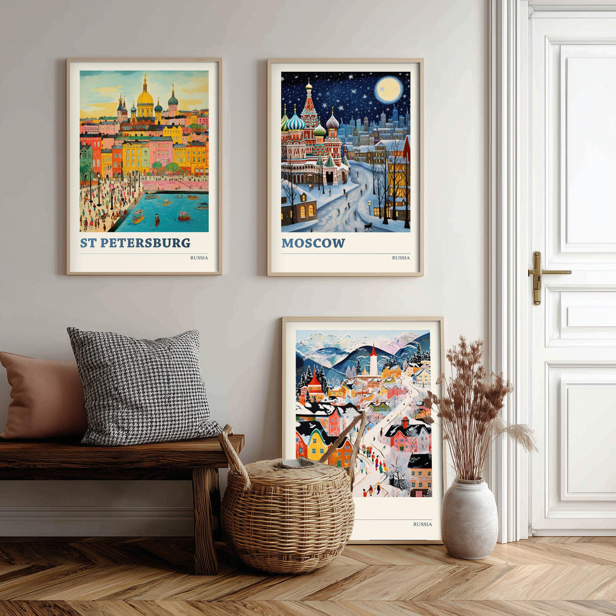 Russia Set of Three Travel Posters - St Petersburg, Moscow, Sochi - Ludwig Folk Art Prints - Naive Painting