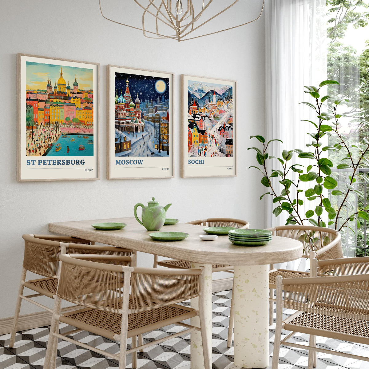 Russia Set of Three Travel Posters - St Petersburg, Moscow, Sochi - Ludwig Folk Art Prints - Naive Painting