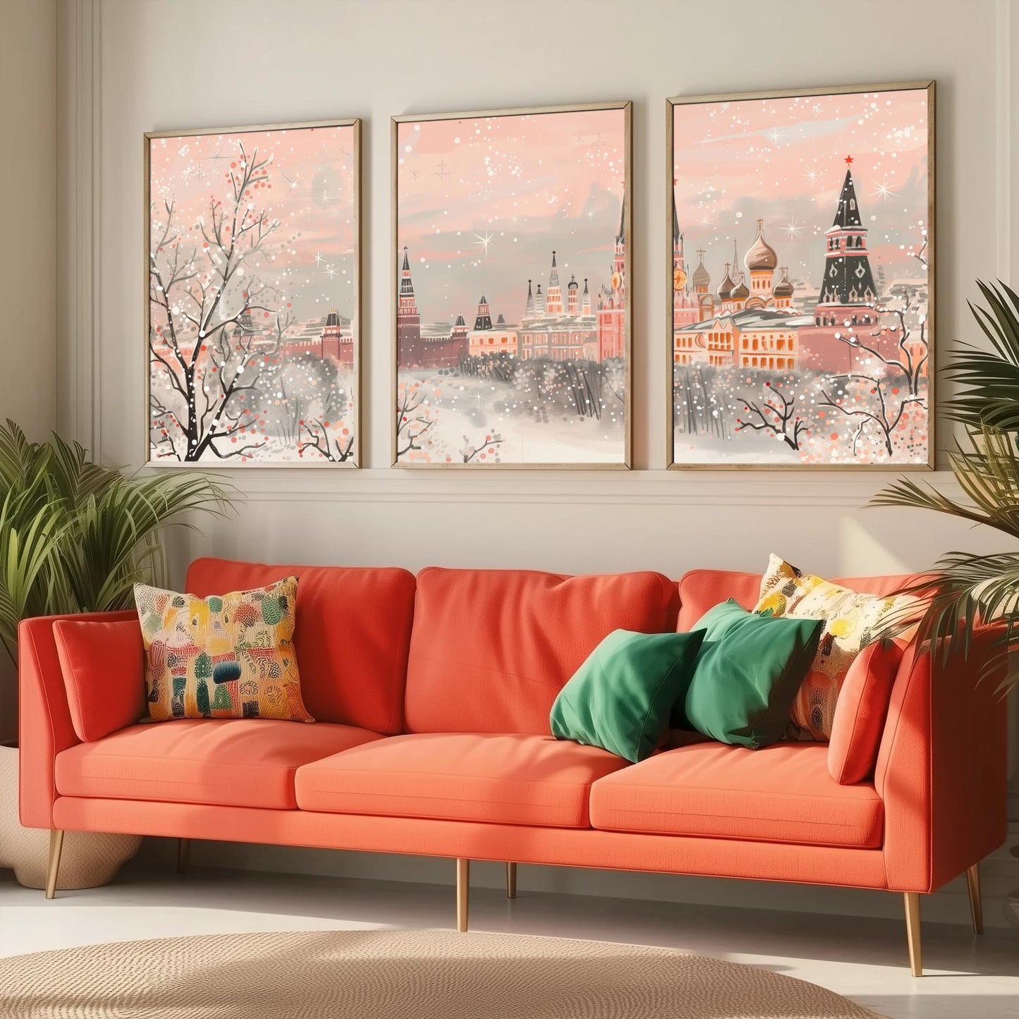 Moscow Russia Skyline Set of Three Art Prints - 3 Pink Kremlin St Basils Posters - Illustration Travel Cityscape Winter Decor
