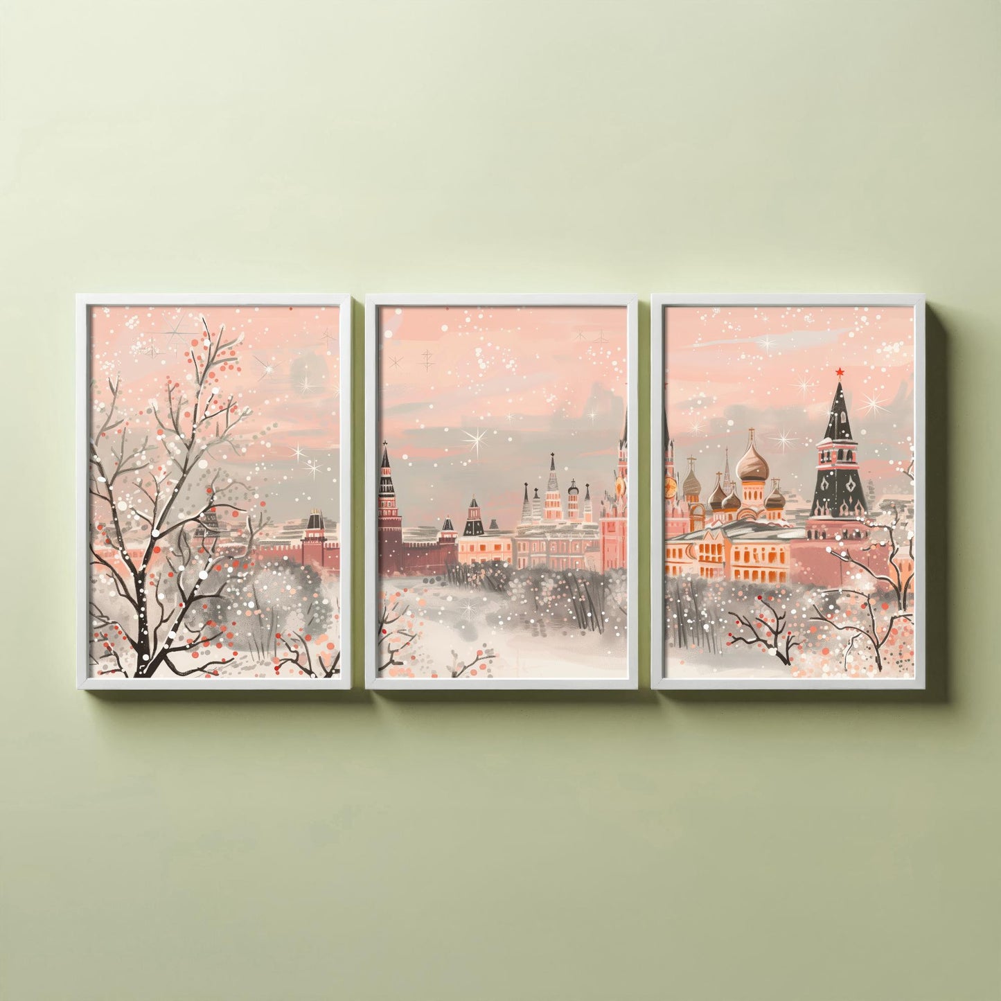 Moscow Russia Skyline Set of Three Art Prints - 3 Pink Kremlin St Basils Posters - Illustration Travel Cityscape Winter Decor